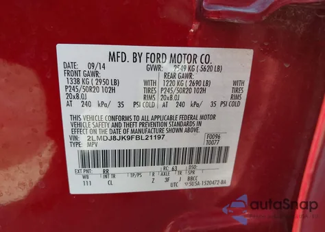 2015 Lincoln Mkx z USA, uszkodzony, nr VIN 2LMDJ8JK9FBL21197